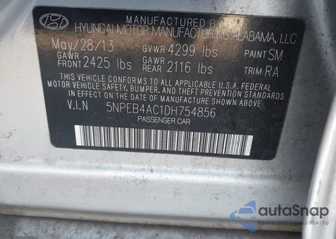 2013 Hyundai Sonata Gls из США, поврежденный, VIN 5NPEB4AC1DH754856